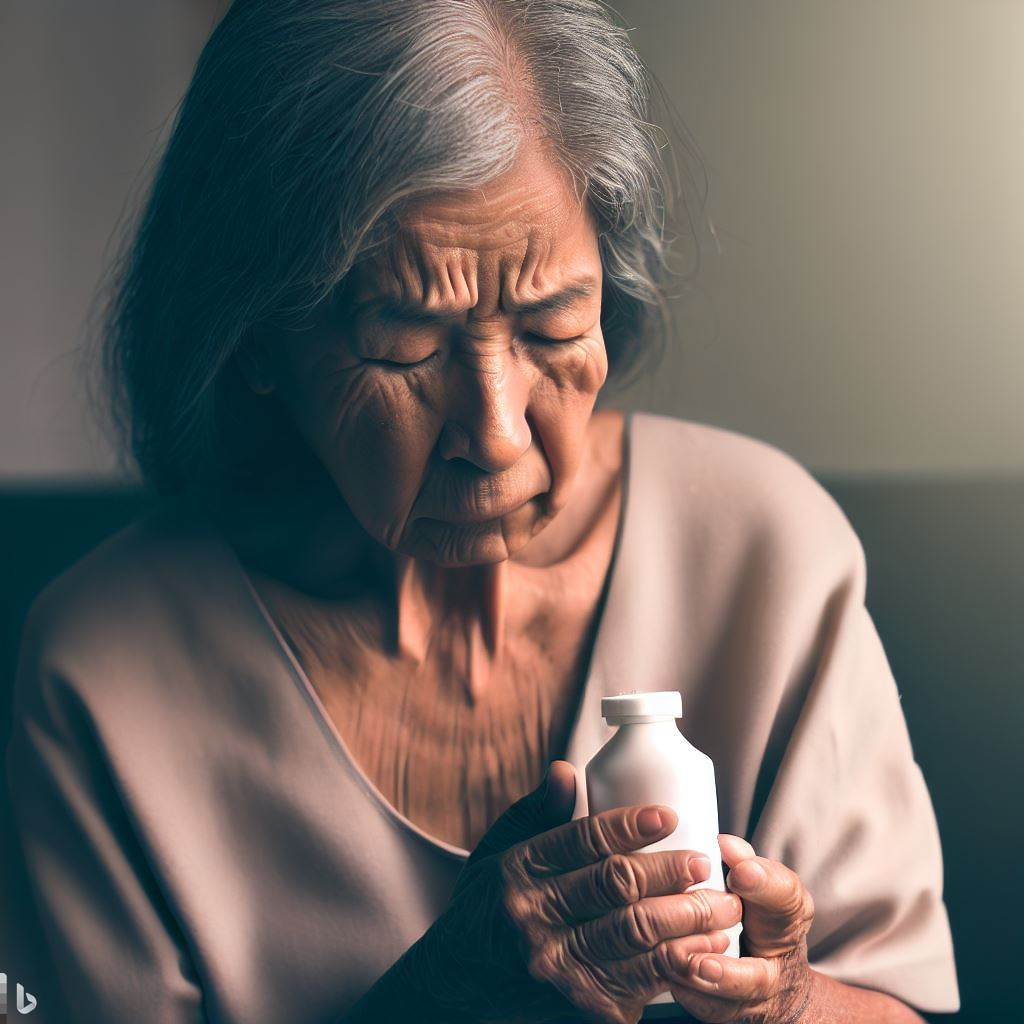 Sad old woman contemplates suicide by pills
