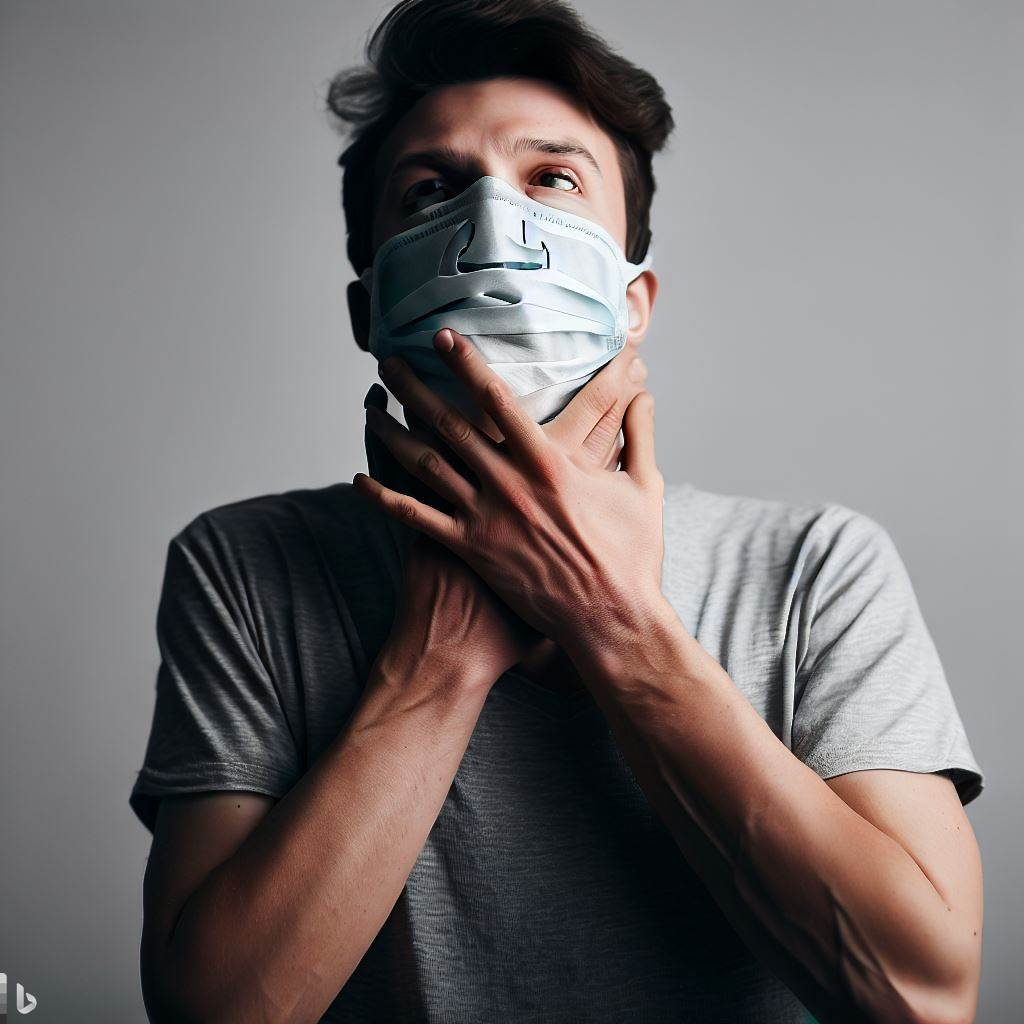 Image shows man can't breathe in an N95 mask.